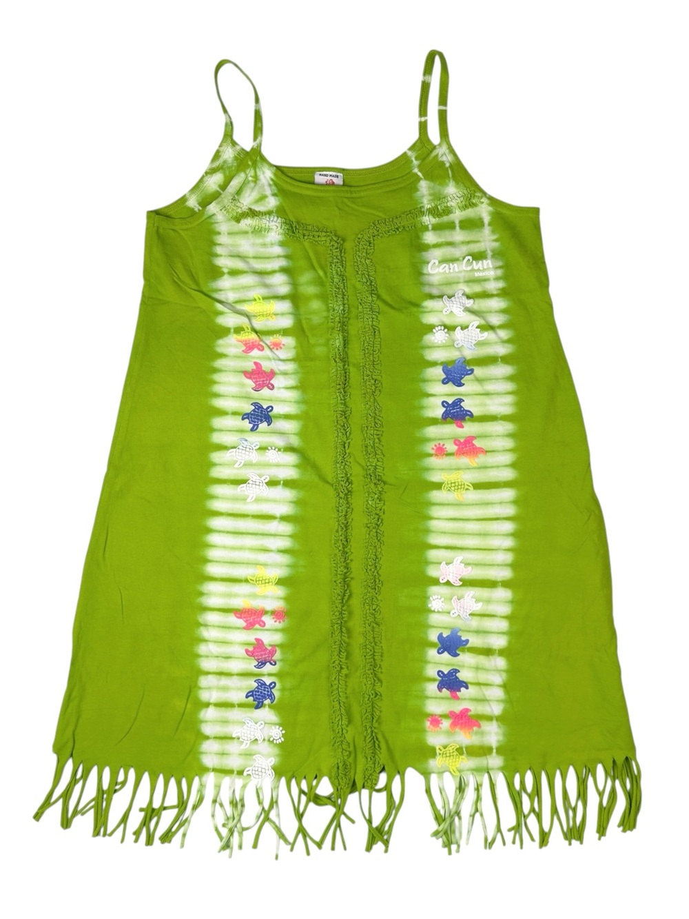 Vintage Neon Art Cancun Sea Turtle Tie Dye Fringe Beach Cover Up Dress Sz L
